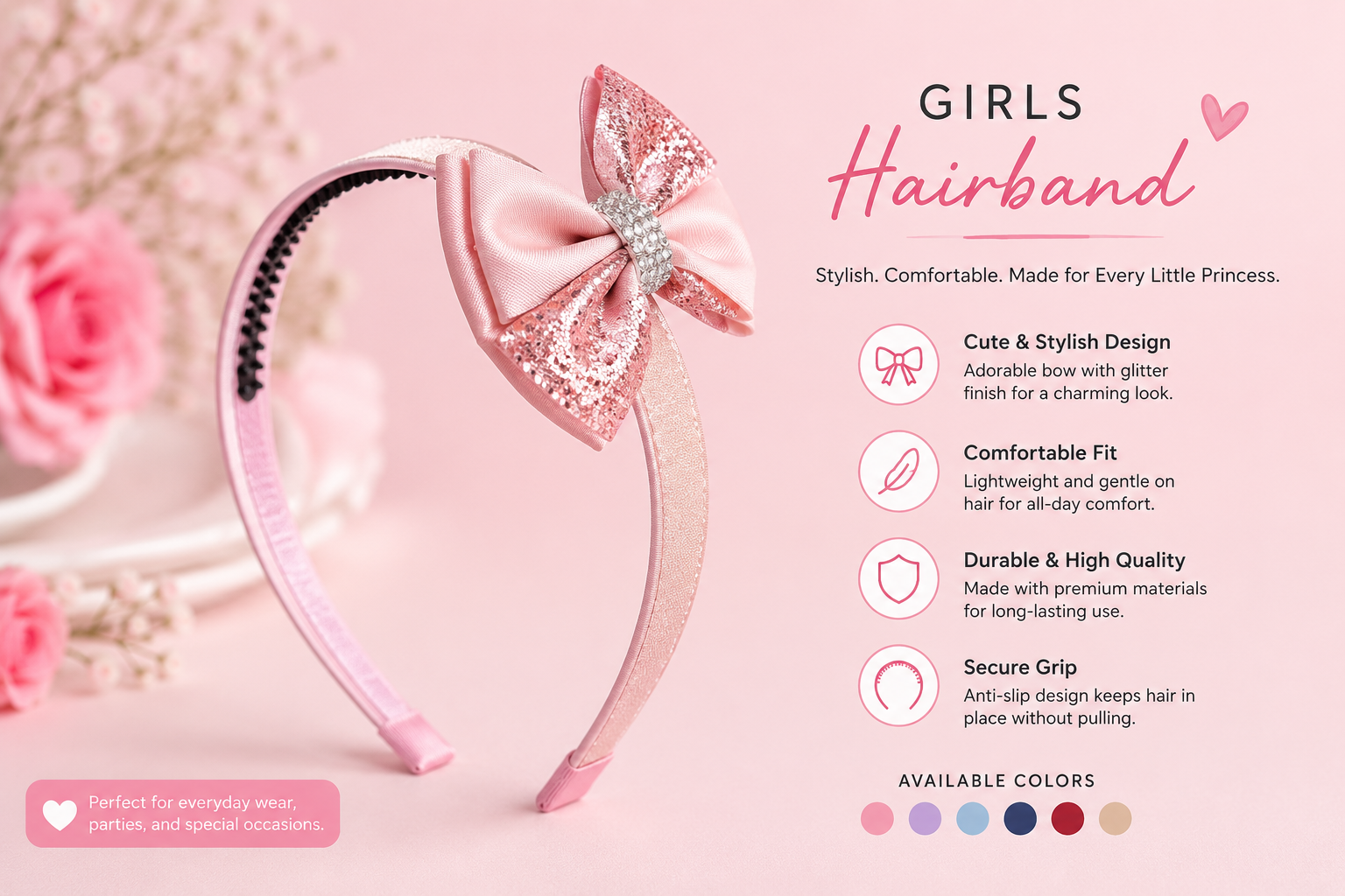 Girls Bow Hairband – Premium Pink Ribbon Headband